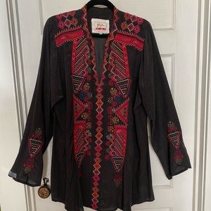 Johnny Was Black Top with Colorful Embroidery